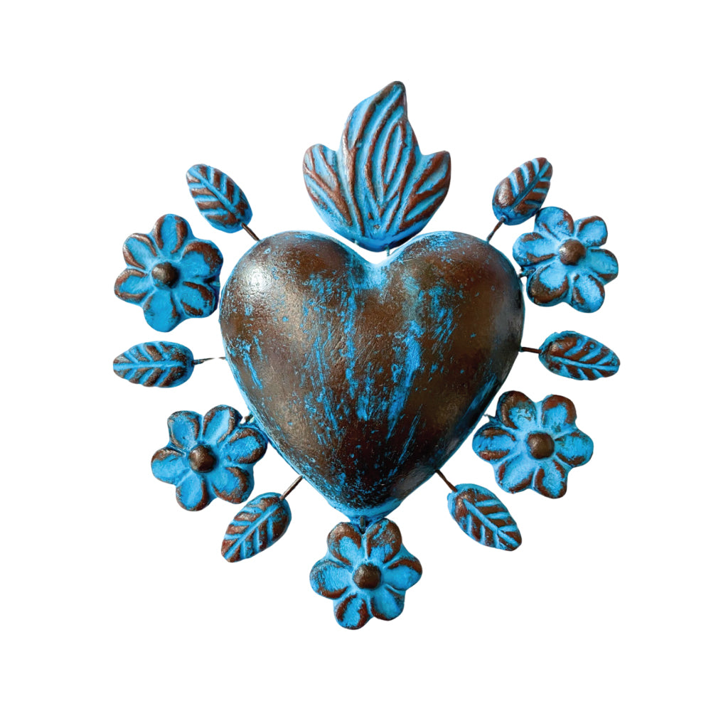 Ceramic Sacred Heart & Flowers - Blue