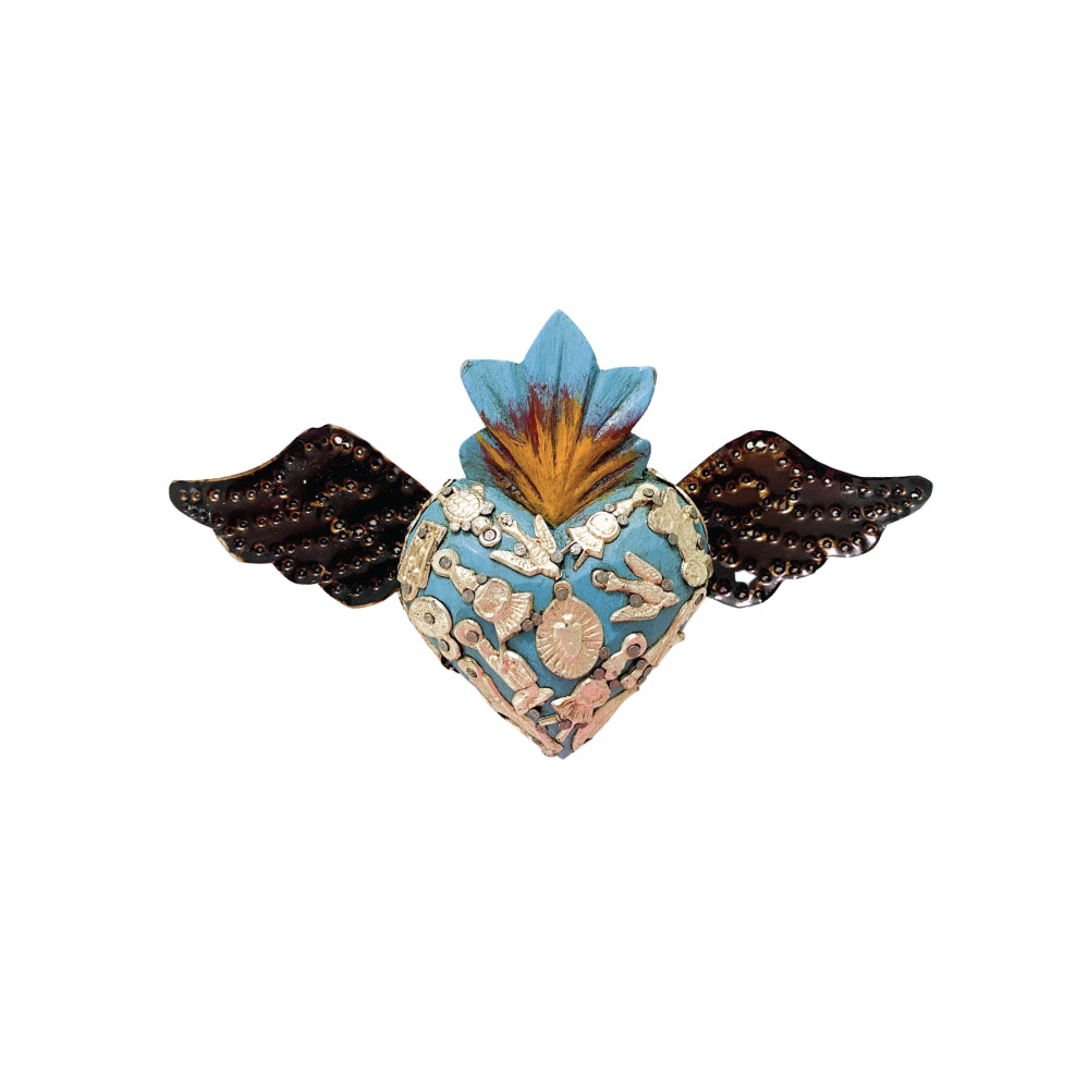 Wooden Heart With Tin Wings - Blue