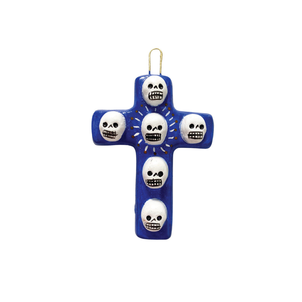 Day Of The Dead Clay Mini Cross - Blue