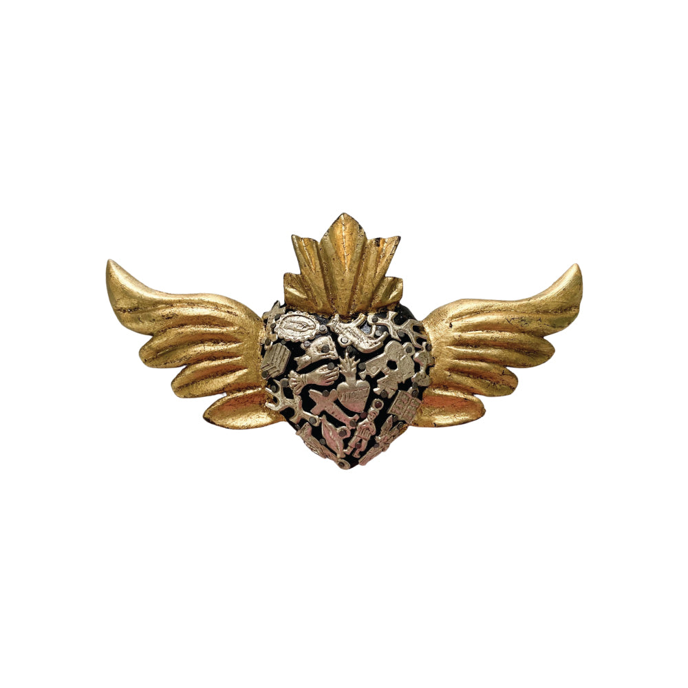 Wooden Heart With Wings - Gold & Black
