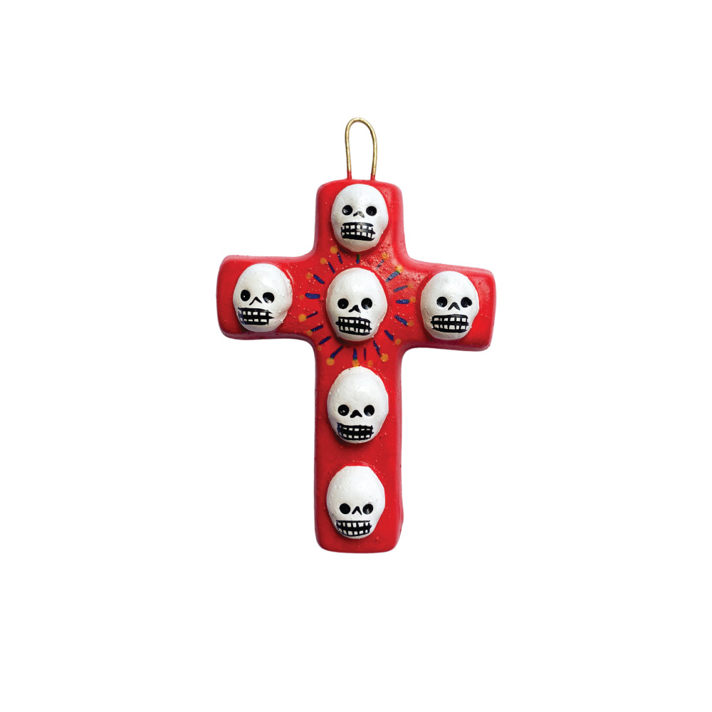 Day Of The Dead Clay Mini Cross - Red 7