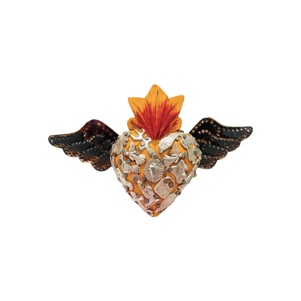 Wooden Heart With Tin Wings - Yellow